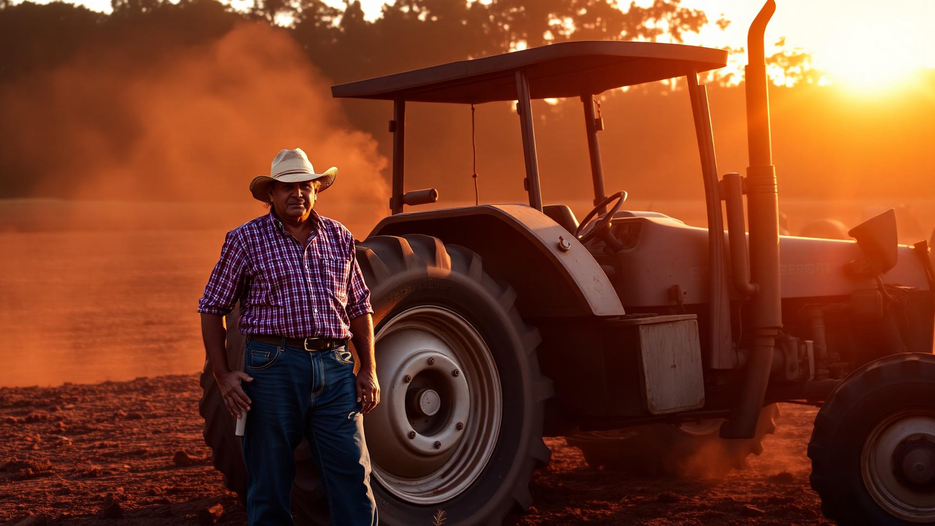 Produtor rural com trator ao entardecer